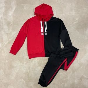 Men Two Tone Drawstring Hoodie & Sweatpants Size M Black & Red.